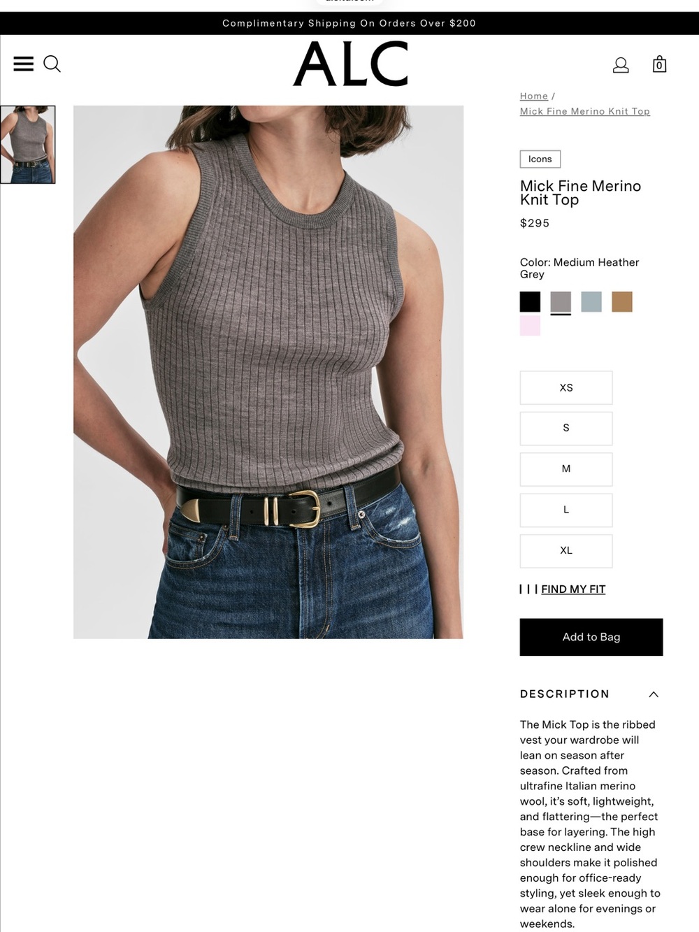 A.L.C. Ribbed Mick Merino Tank Top — Medium Heather Grey